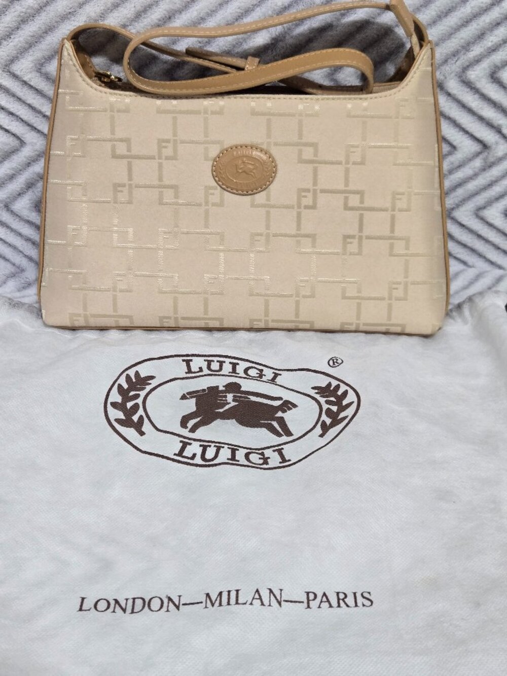 Luigi Beige Monogram Shoulder Bag Baguette Purse Patterned Jacquard Leather New